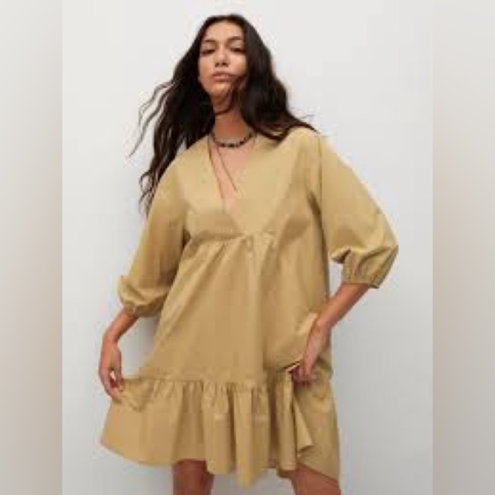 Mango Oversized Camel Ruffle-Hem Mini Dress